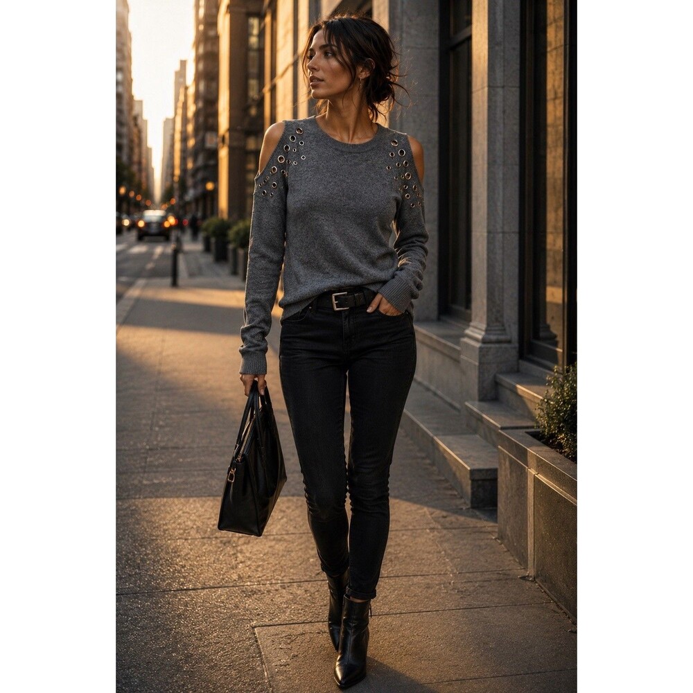 INC Cashmere Silk Wool Gray Cold Shoulder Grommet Knit Sweater Women’s L - Picture 13 of 16